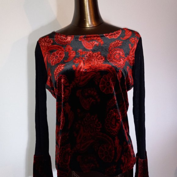 stretchy velvet floral print top with sheer sleeves & boat neck - Picture 9 of 13